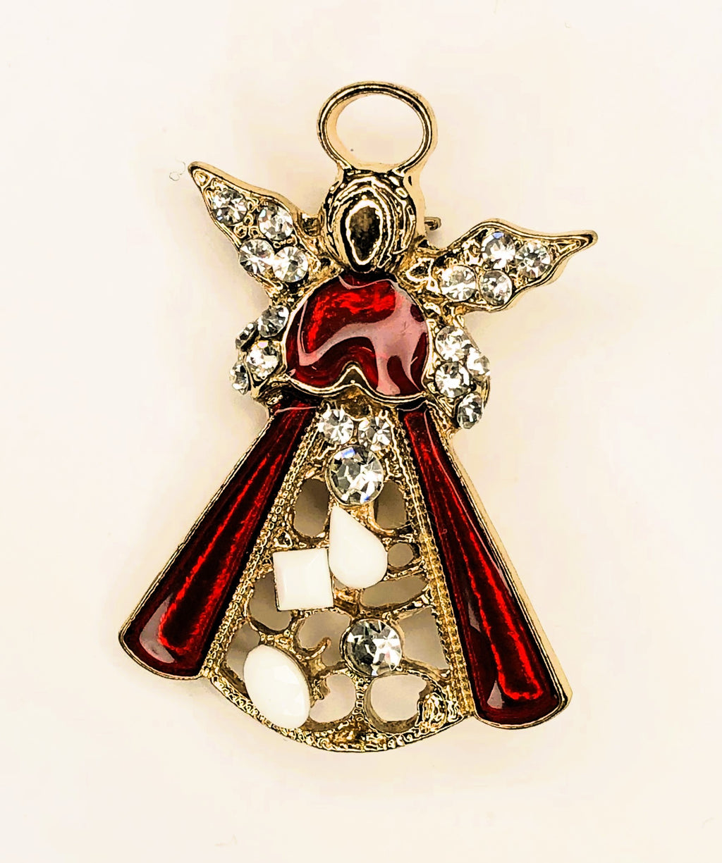 Golden angel with red robe and white stones body brooch at erika