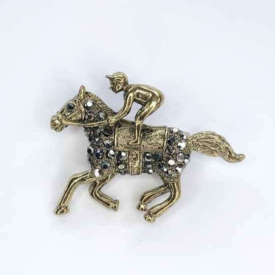 gold and marcasite race horse and jockey brooch