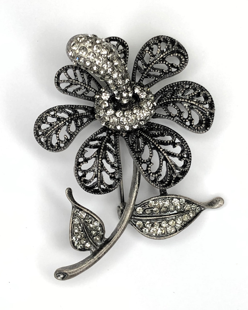 Silver & charcoal flower with stem & leaves brooch at erika