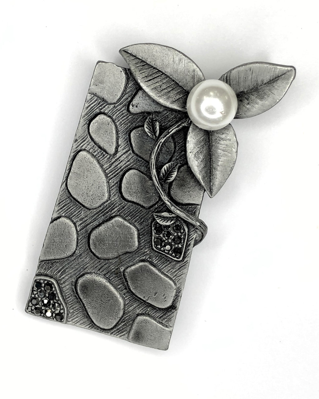 Pearl & leaf with marcasite and brushed metal plate brooch at erika