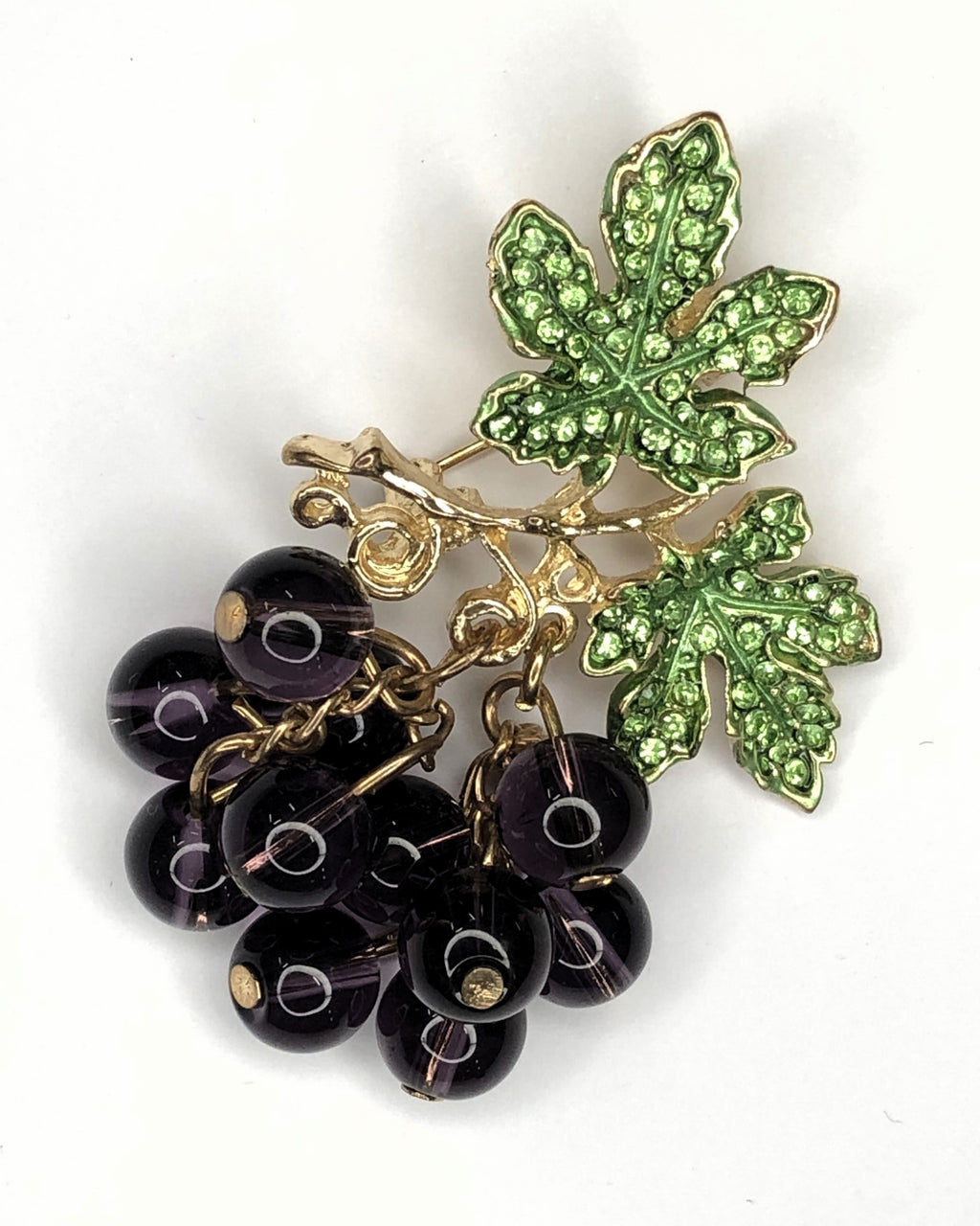 Purple glass bunch of grapes with green diamante vine leaves brooch at erika