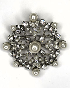 Silver pearl & diamante round brooch at erika