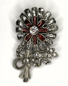 Silver flower with red enamel petals & silver diamante bow brooch at erika