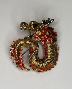 Orange and gold enameled dragon brooch at erika