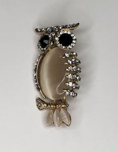 Black eyed pearlescent body gold owl brooch at erika