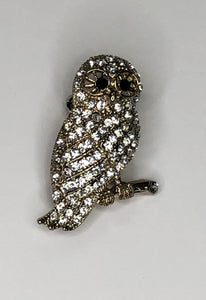 Gold diamante owl perched on branch brooch at erika