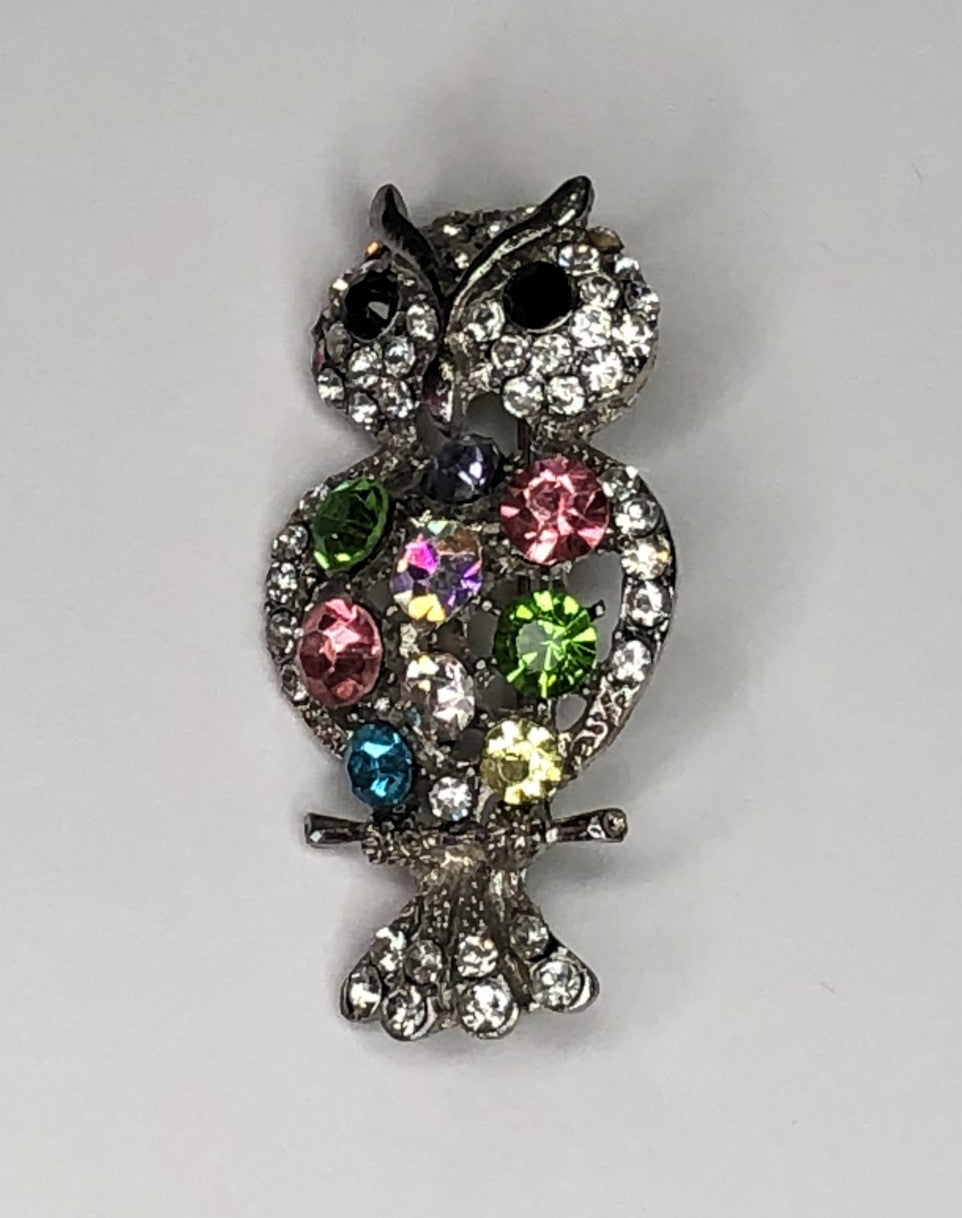Silver multi-coloured owl brooch at erika