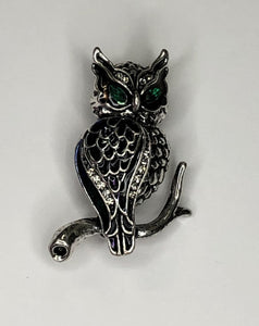 Silver owl with coloured enamel wing and green eyes brooch at erika