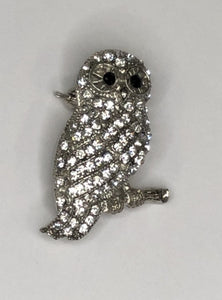 Silver diamante owl perched on branch brooch  at erika