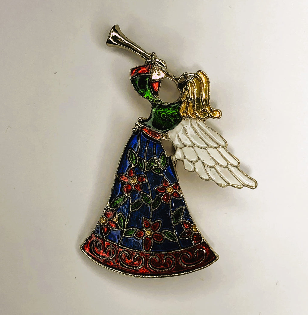 Colourful angel playing gold trumpet brooch at erika