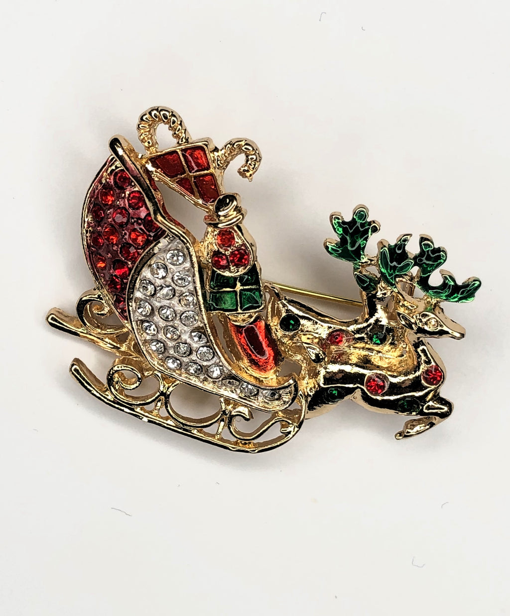 Sleigh with Christmas gifts pulled by two reindeers brooch at erika