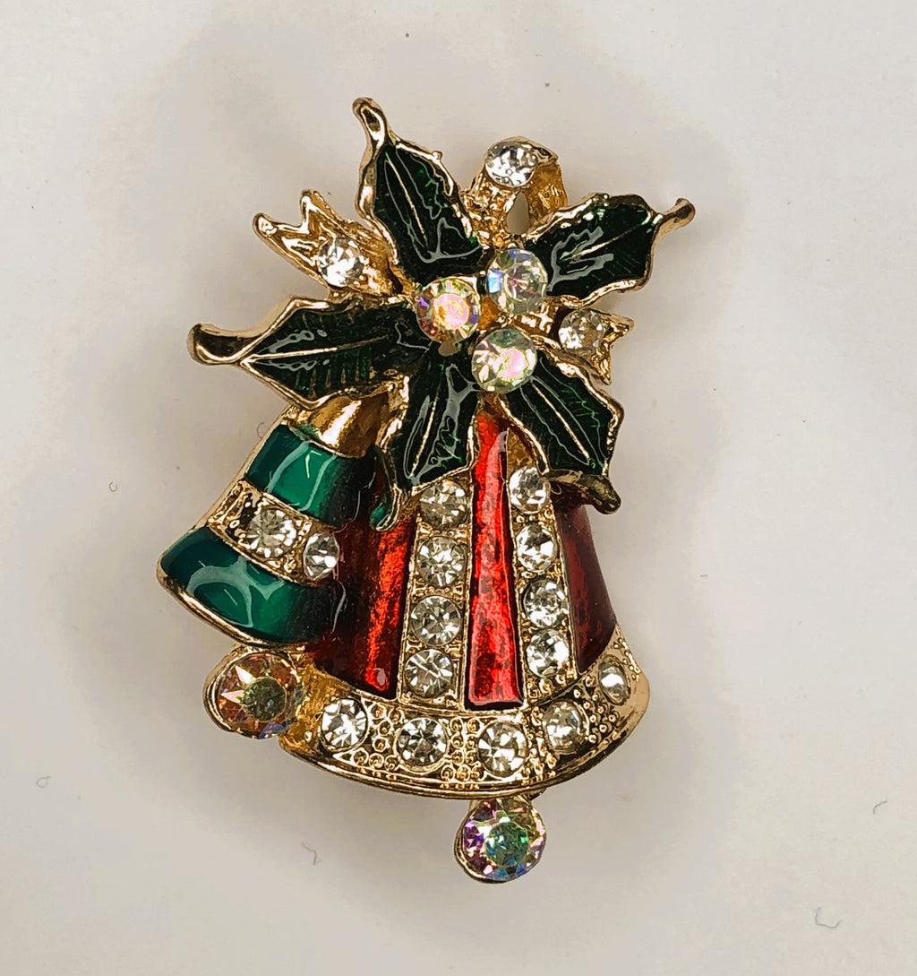 Two coloured bells with diamante trim and holly brooch at erika