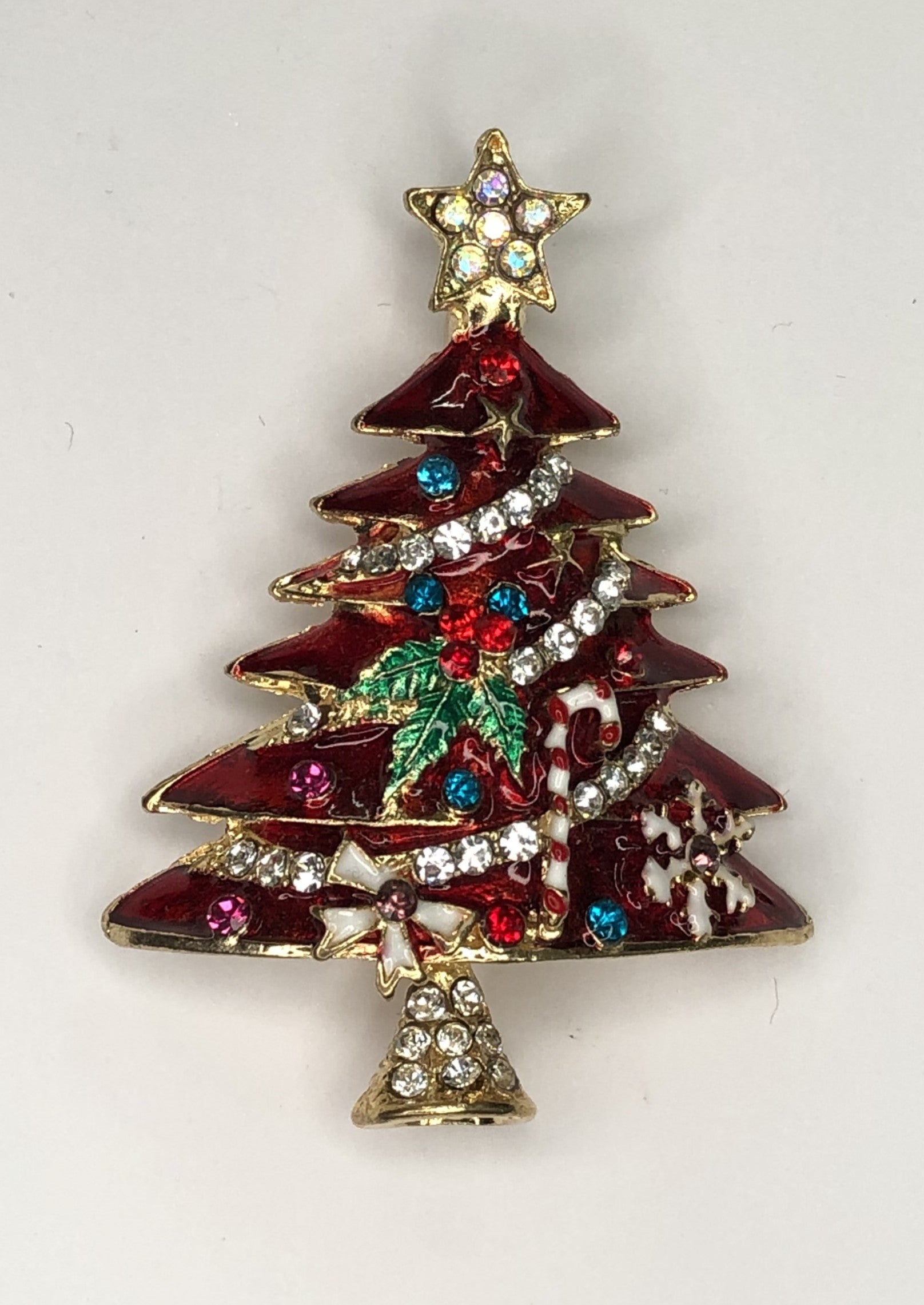 Red and gold decorated Christmas tree brooch at erika
