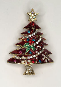 Red and gold decorated Christmas tree brooch at erika