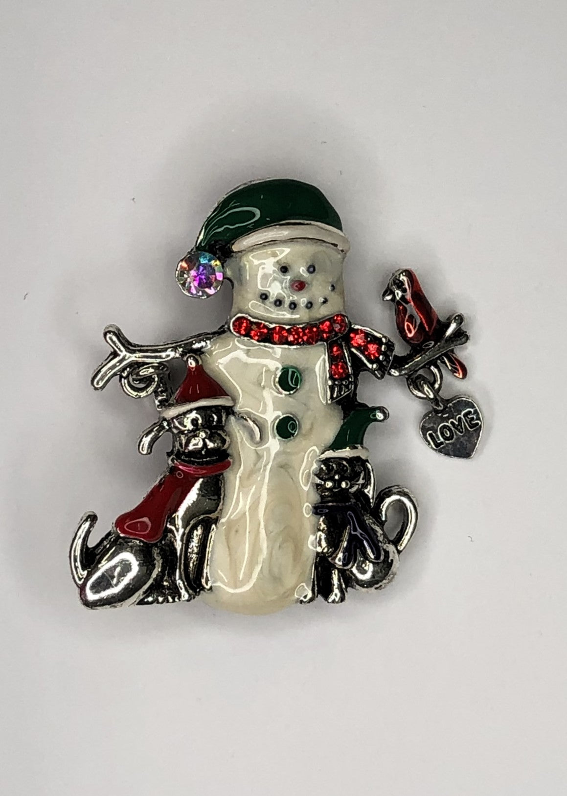 Silver and white snowman with dog and cat friends brooch at erika