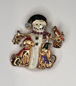 Gold and white snowman with dog and cat friends brooch at erika