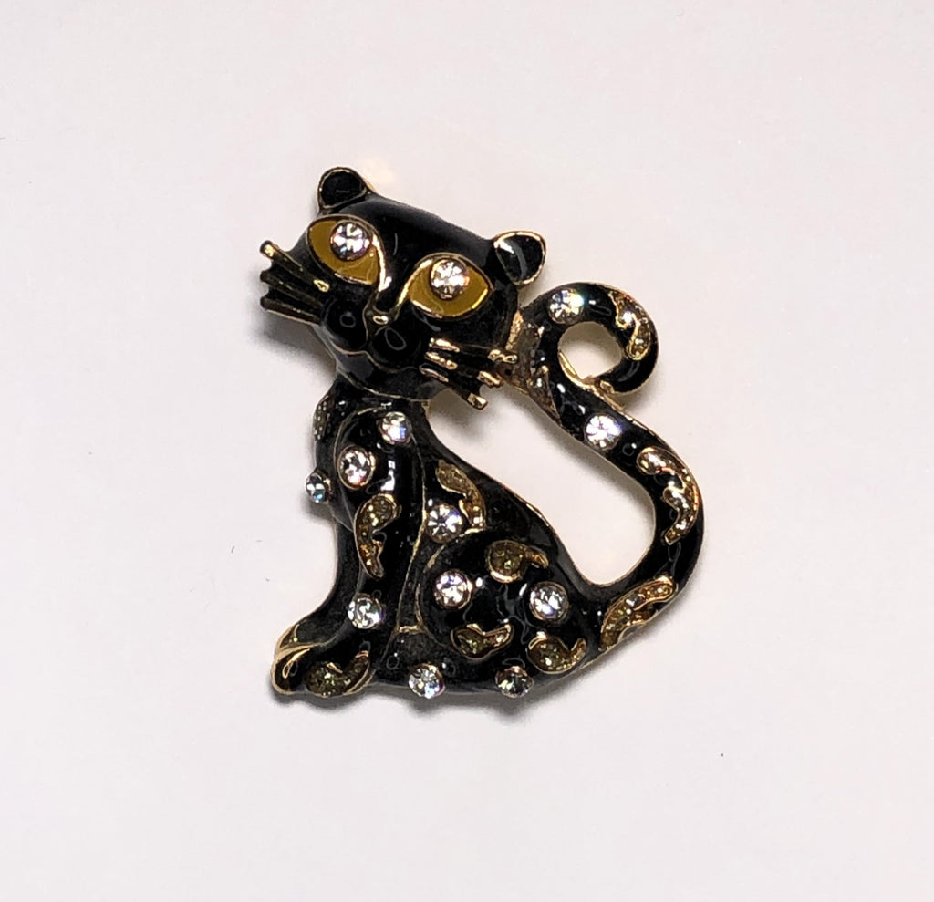 Black enameled and gold diamante cat with curled tail brooch at erika