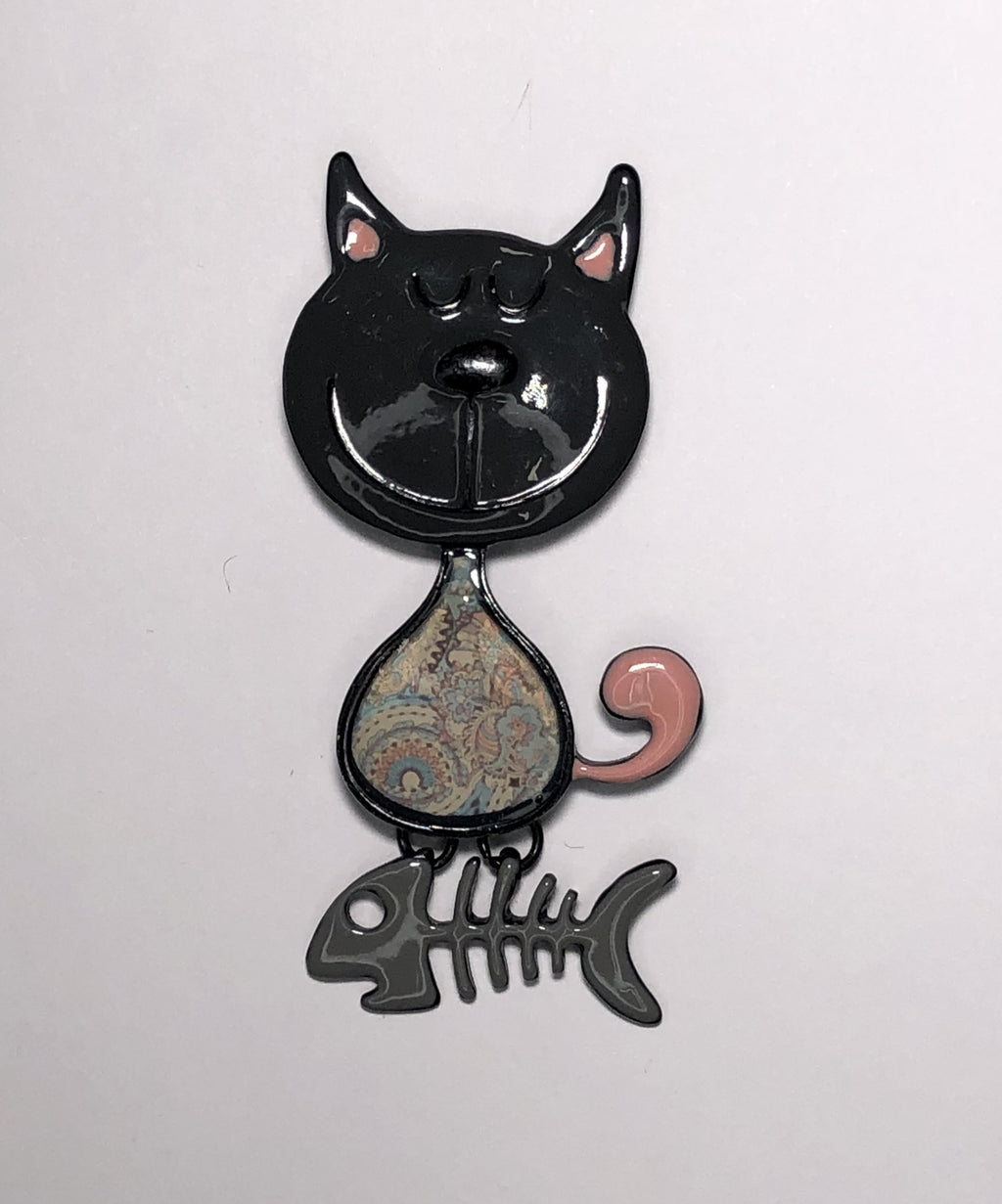 Enameled smiling cat with fish brooch at erika