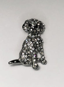 Silver diamante dog in sitting pose with black crystal eyes brooch at erika