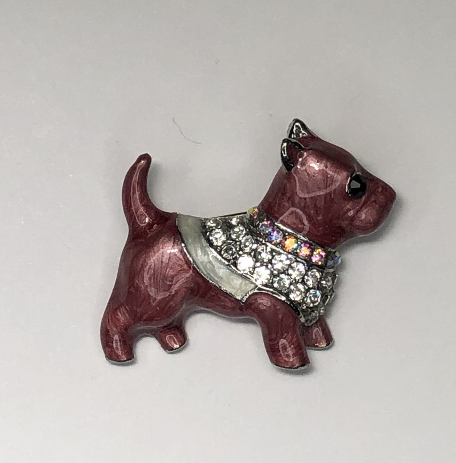 Enameled Boston Terrier in pink with diamante coat dog brooch at erika