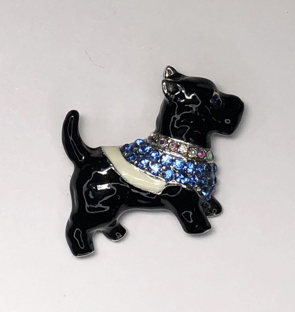 Enameled Boston Terrier in black with blue with diamante coat dog brooch at erika