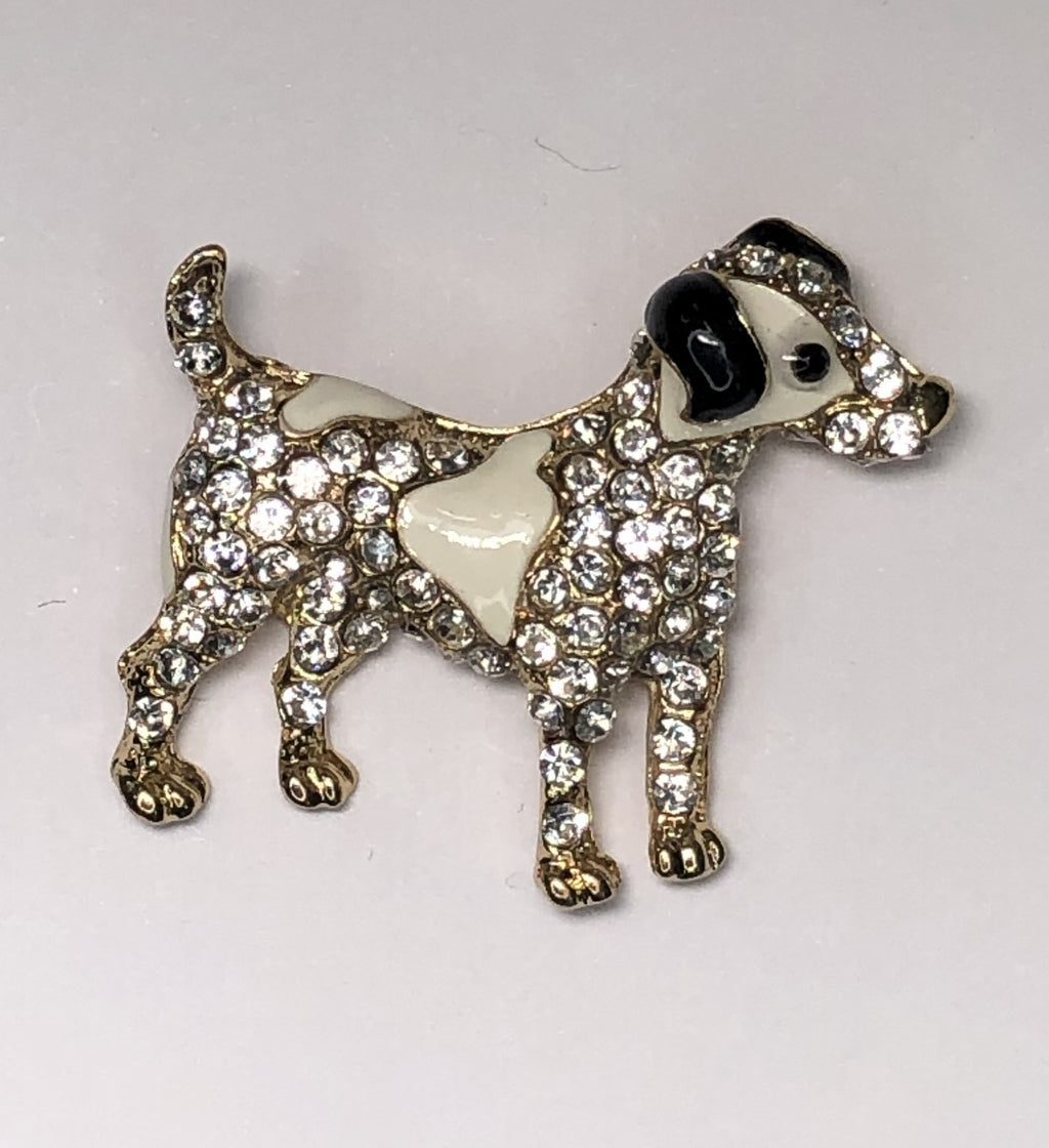 Cream and black enameled dog with clear diamante and gold background brooch at erika