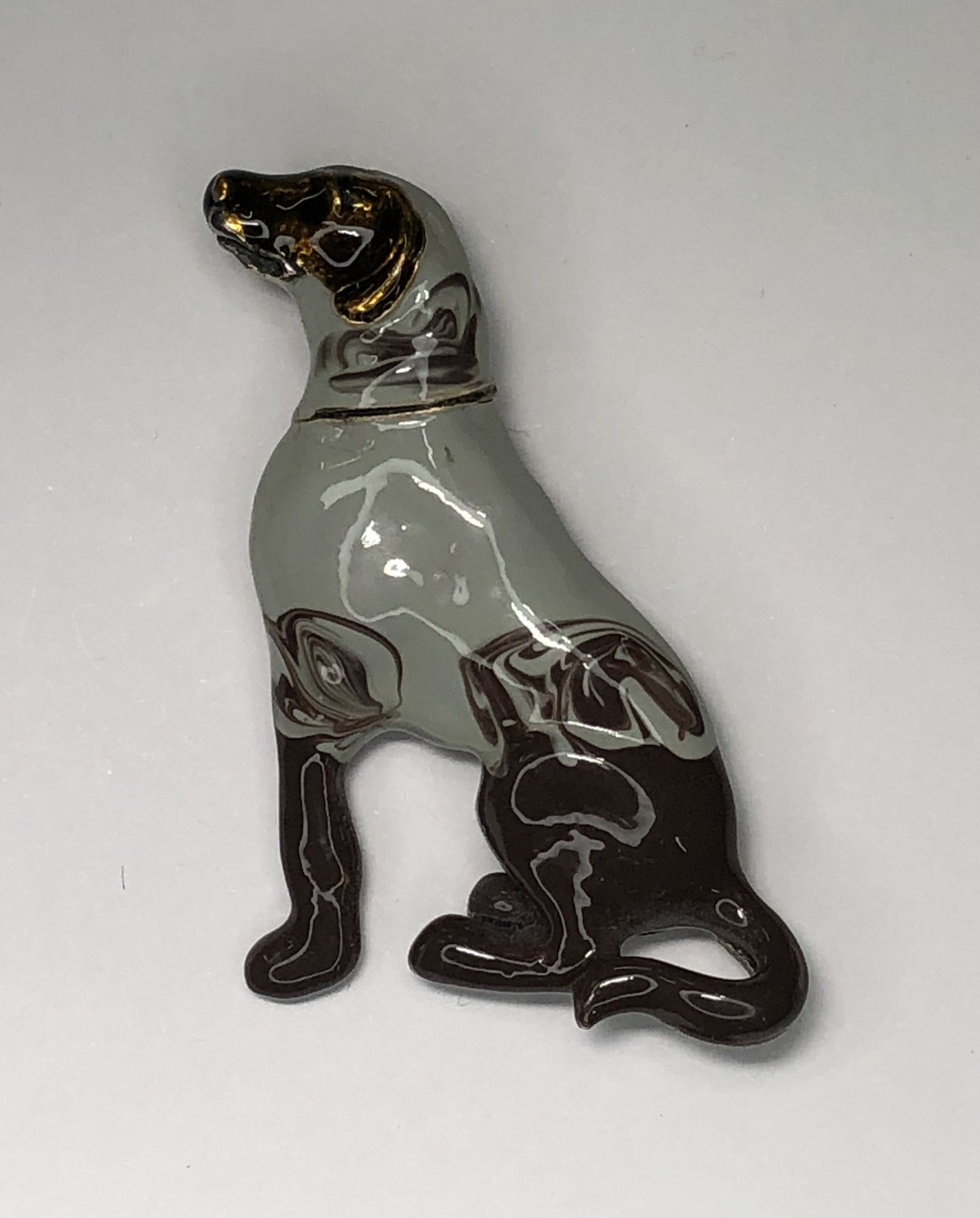 Grey and brown enameled big dog sitting brooch at erika