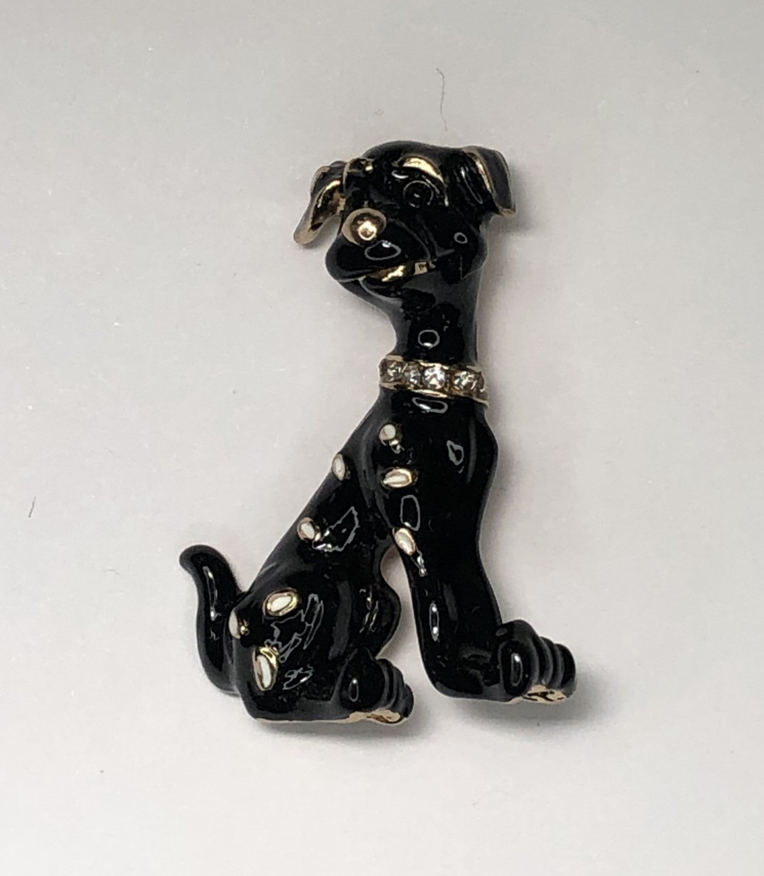 Black enameled white spotted dog with diamante collar brooch at erika