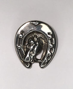 Horse shoe with horse head sterling silver brooch at erika