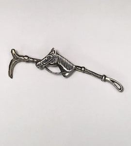 Riding crop with horse head emblem sterling silver brooch at erika