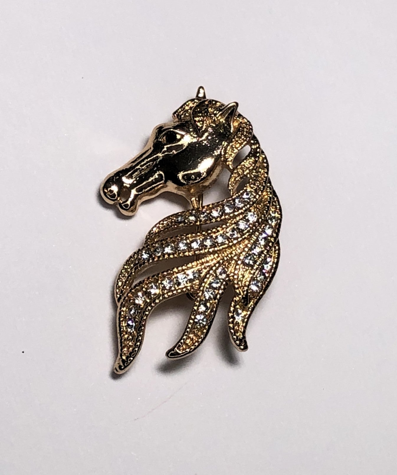 Gold horse showing mane with diamante brooch at erika