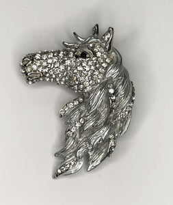 Large silver metal diamante encrusted horse head brooch at erika