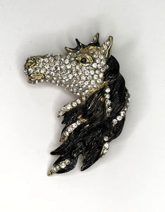 Large gold & black metal diamante encrusted horse head brooch at erika
