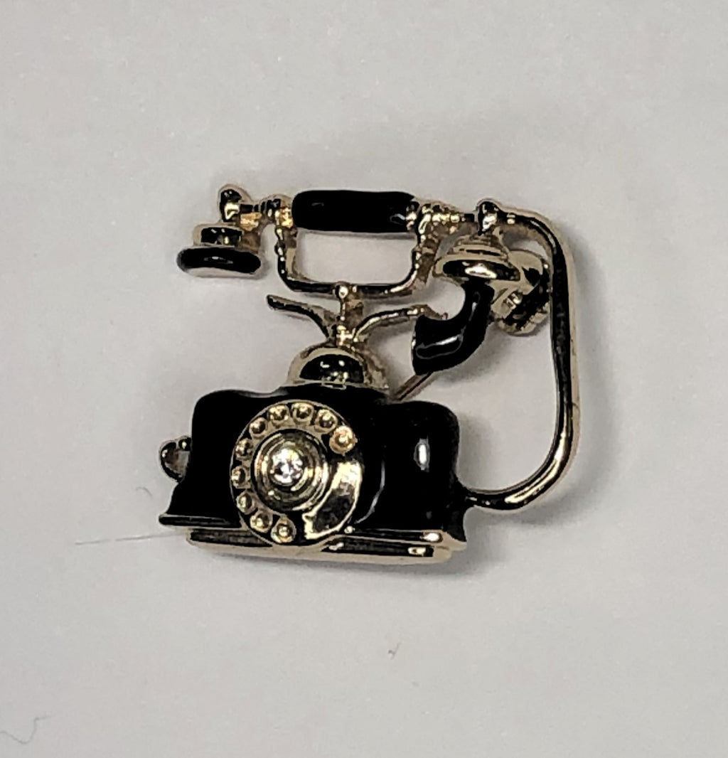 Antique telephone in black and gold brooch at erika