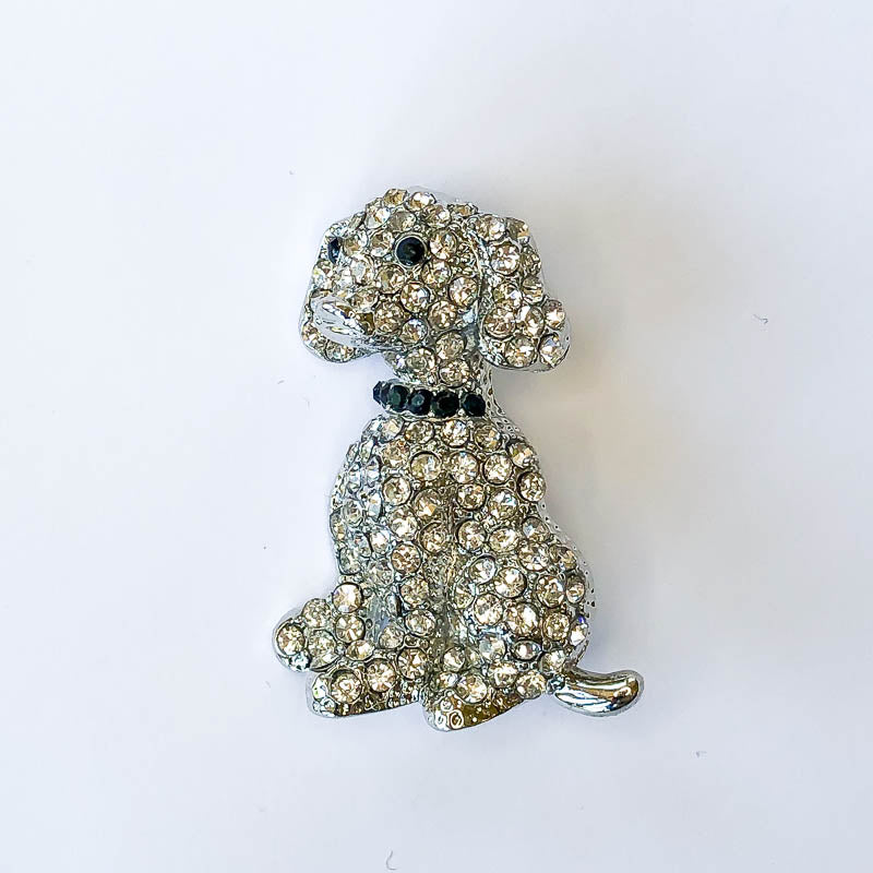 silver crystal dog with black collar brooch