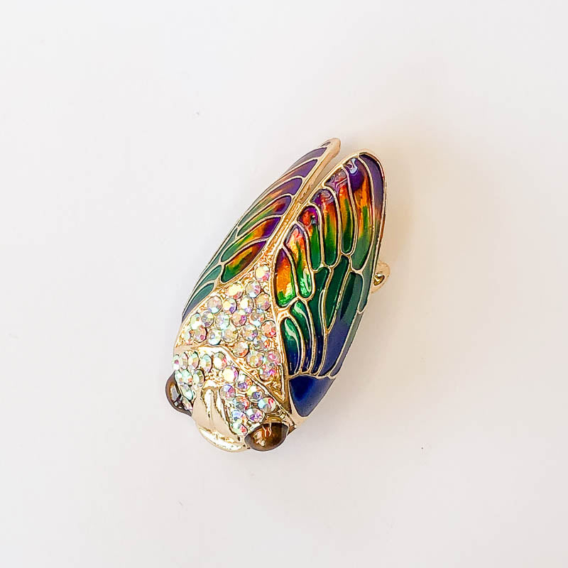 colourful crystal and enamel cicada brooch