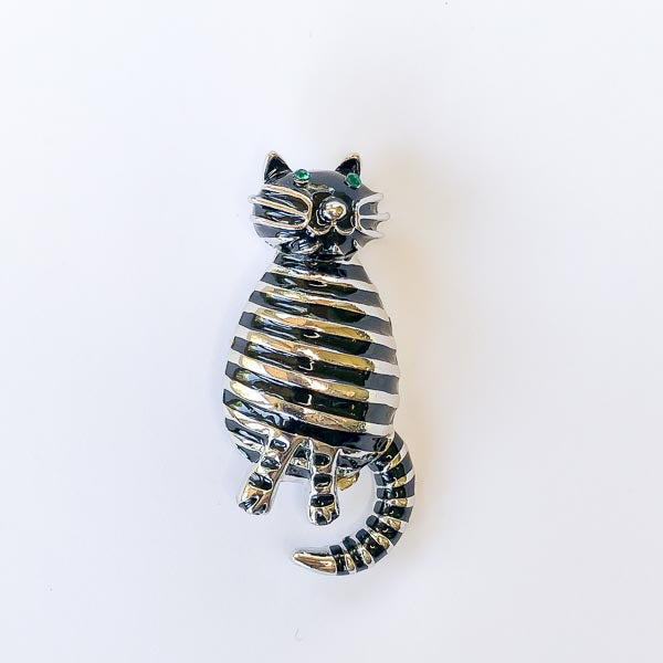 fat cat with black and silver stripes brooch at erika