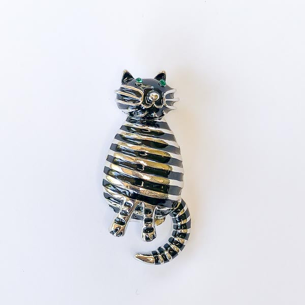 fat cat with black and silver stripes brooch