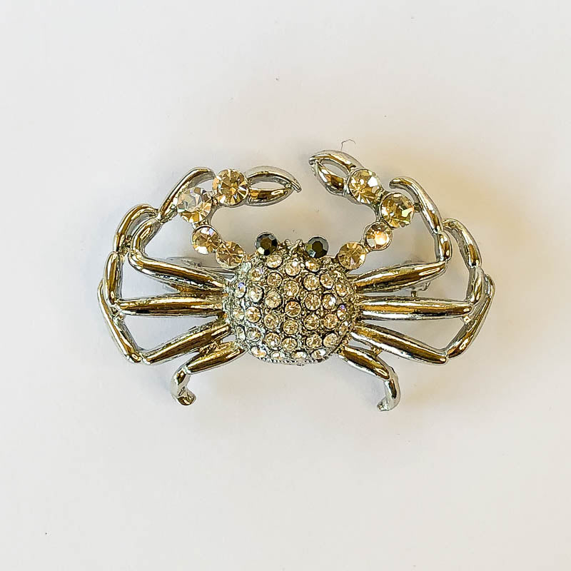 silver and clear crystal crab brooch