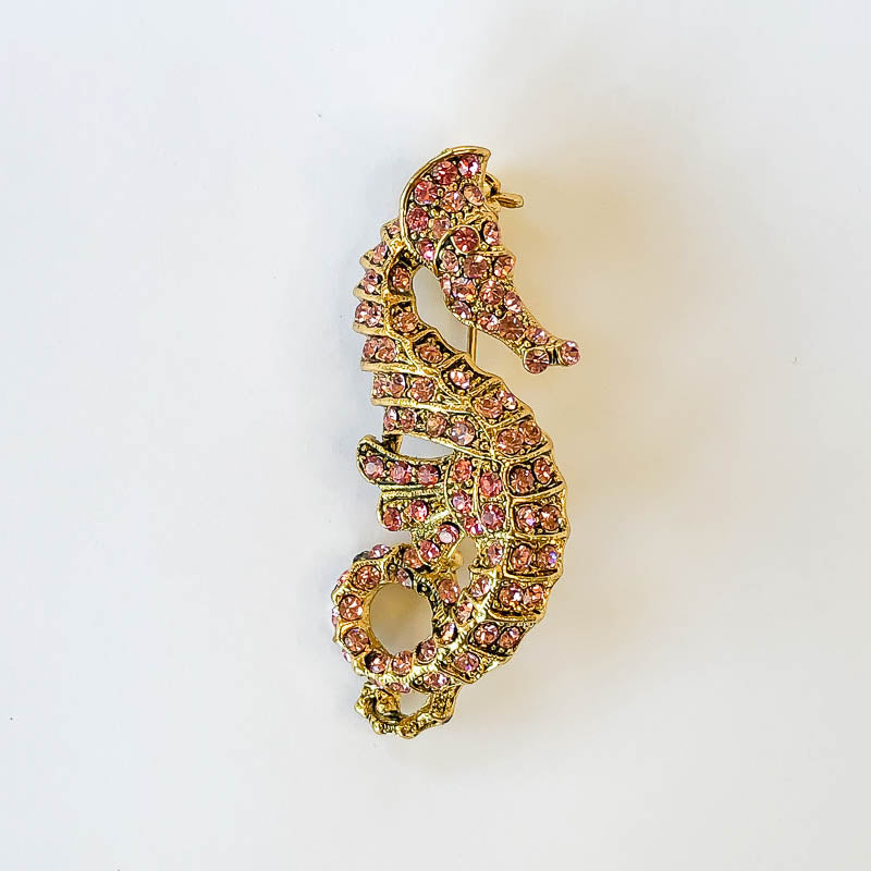pink crystal and gold seahorse brooch