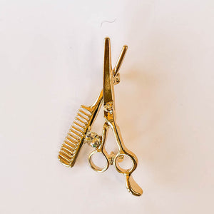 gold comb and scissors brooch