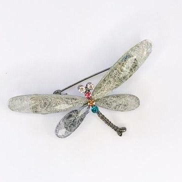 silver acrylic dragonfly with multicolour and diamante body brooch at erika
