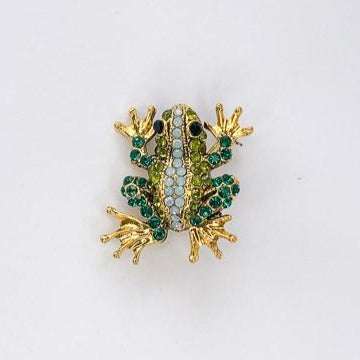 multi-green diamante encrusted gold frog brooch at erika