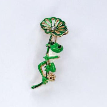 green frog on lily pad brooch at erika