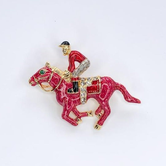 rose and red race horse and jockey with diamante saddle brooch