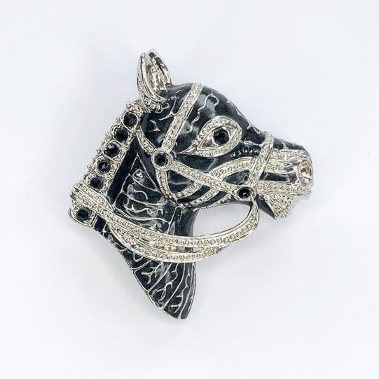 black and silver horse head brooch