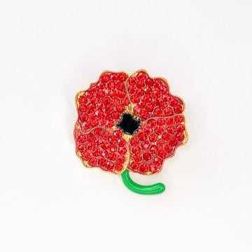 red crystal poppy with green stem brooch at erika