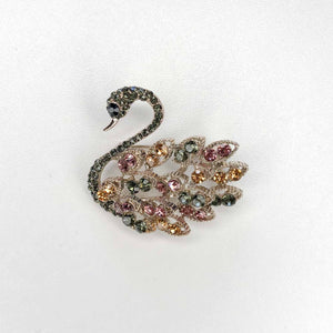 crystal swan with coloured charcoal feathers brooch