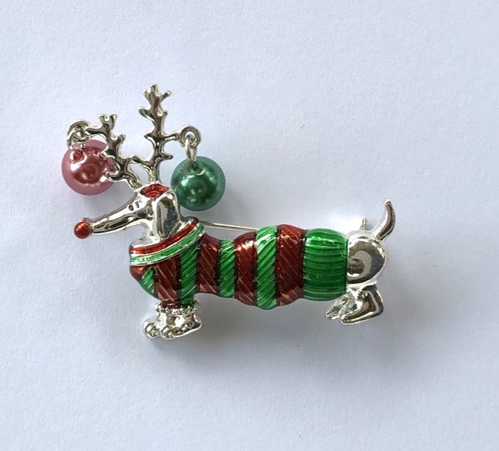 Silver Dachshund Dressed for Christmas Brooch at erika