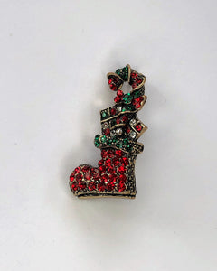 Santa boot with candy cane  red & green diamante inlay brooch at erika